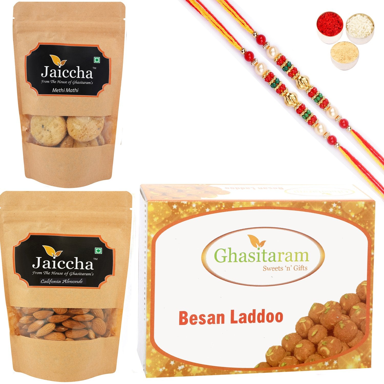 Ghasitaram Besan Laddoo, Methi Mathi and Almonds With 2 Pearl Beads Rakhis - Distacart