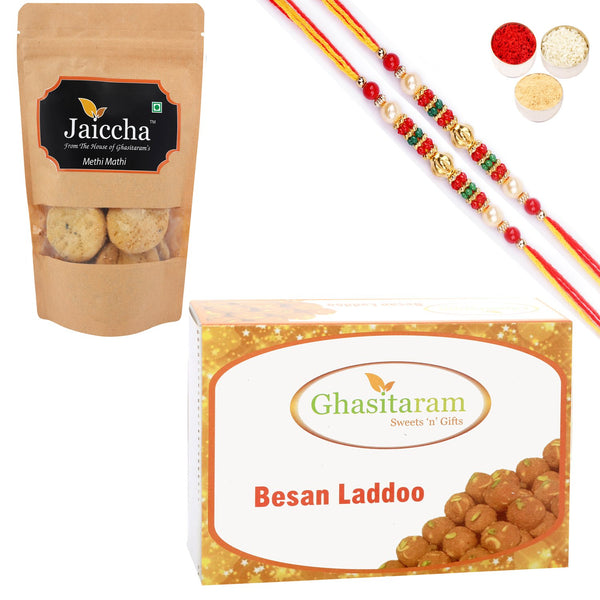 Ghasitaram Besan Laddoo and Methi Mathi With 2 Pearl Beads Rakhis - Distacart