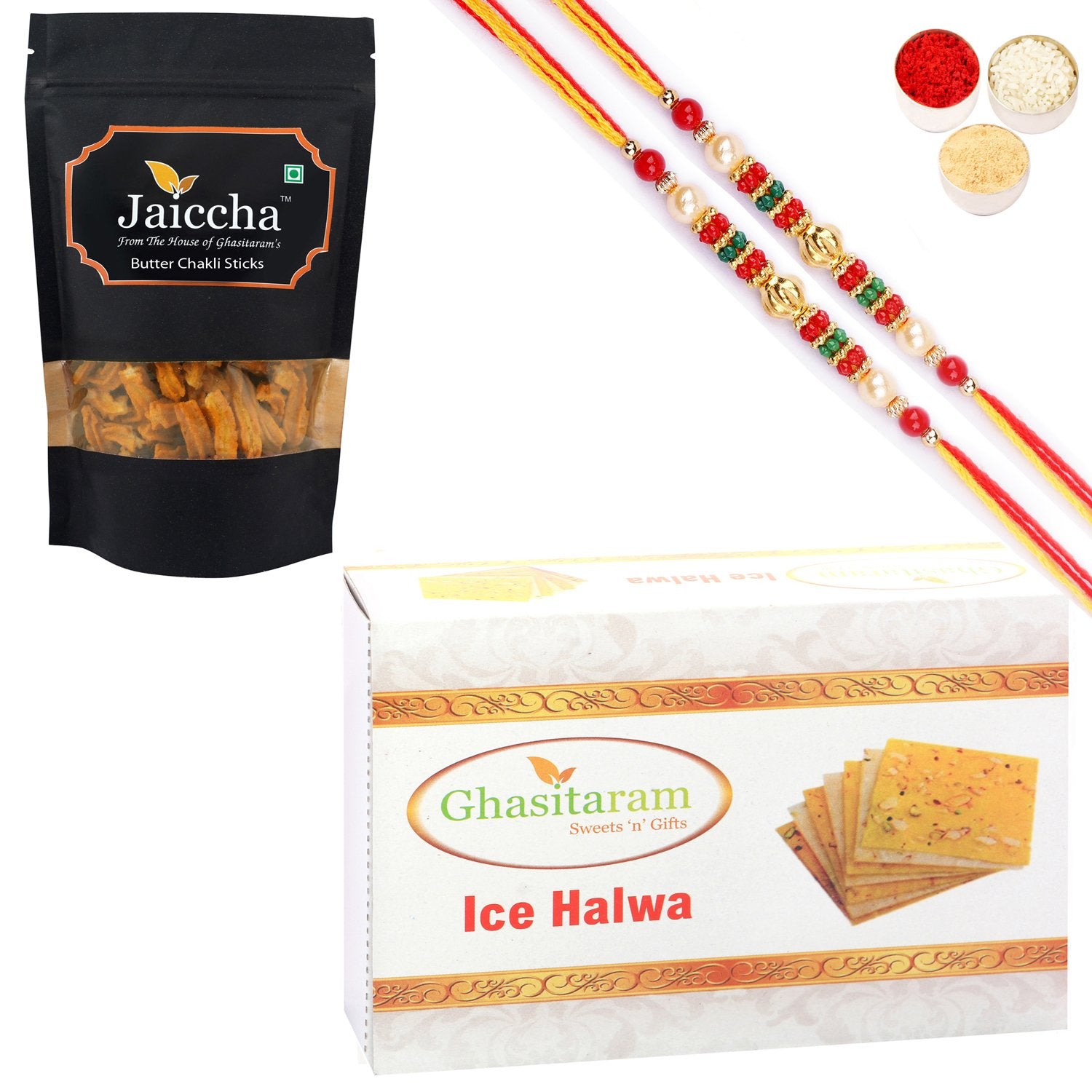 Ghasitaram Ice halwa and Butter Chakli Sticks With 2 Pearl Beads Rakhis - Distacart