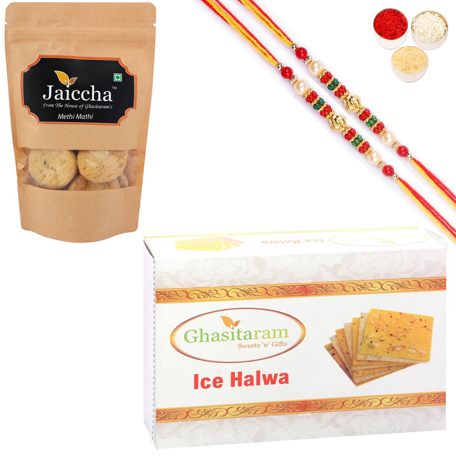 Ghasitaram Ice halwa and Methi Mathi With 2 Pearl Beads Rakhis - Distacart