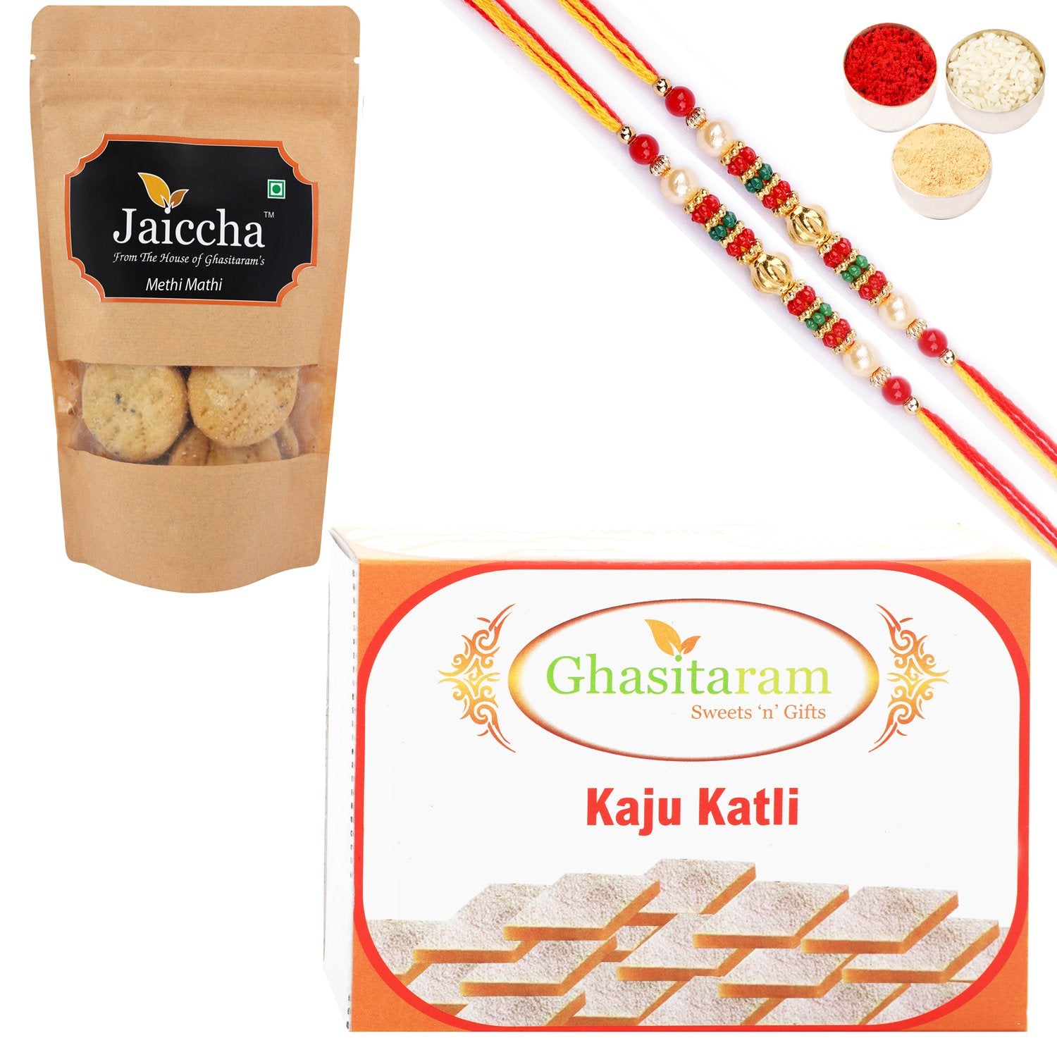 Ghasitaram Kaju Katli and Methi Mathi With 2 Pearl Beads Rakhis - Distacart