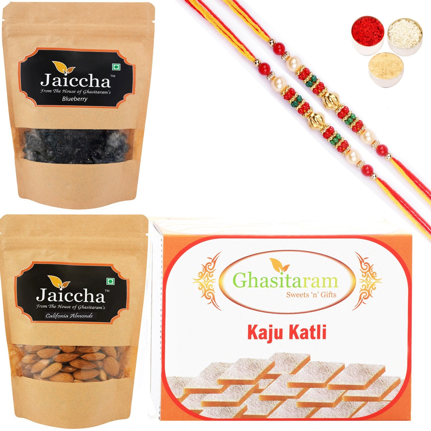 Ghasitaram Kaju Katli ,Blueberry and Almonds Pouch With 2 Pearl Beads Rakhis - Distacart