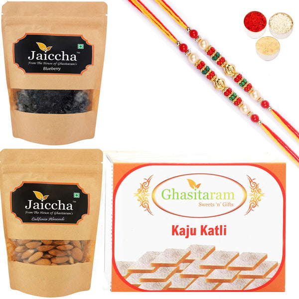 Ghasitaram Kaju Katli ,Blueberry and Almonds Pouch With 2 Pearl Beads Rakhis - Distacart