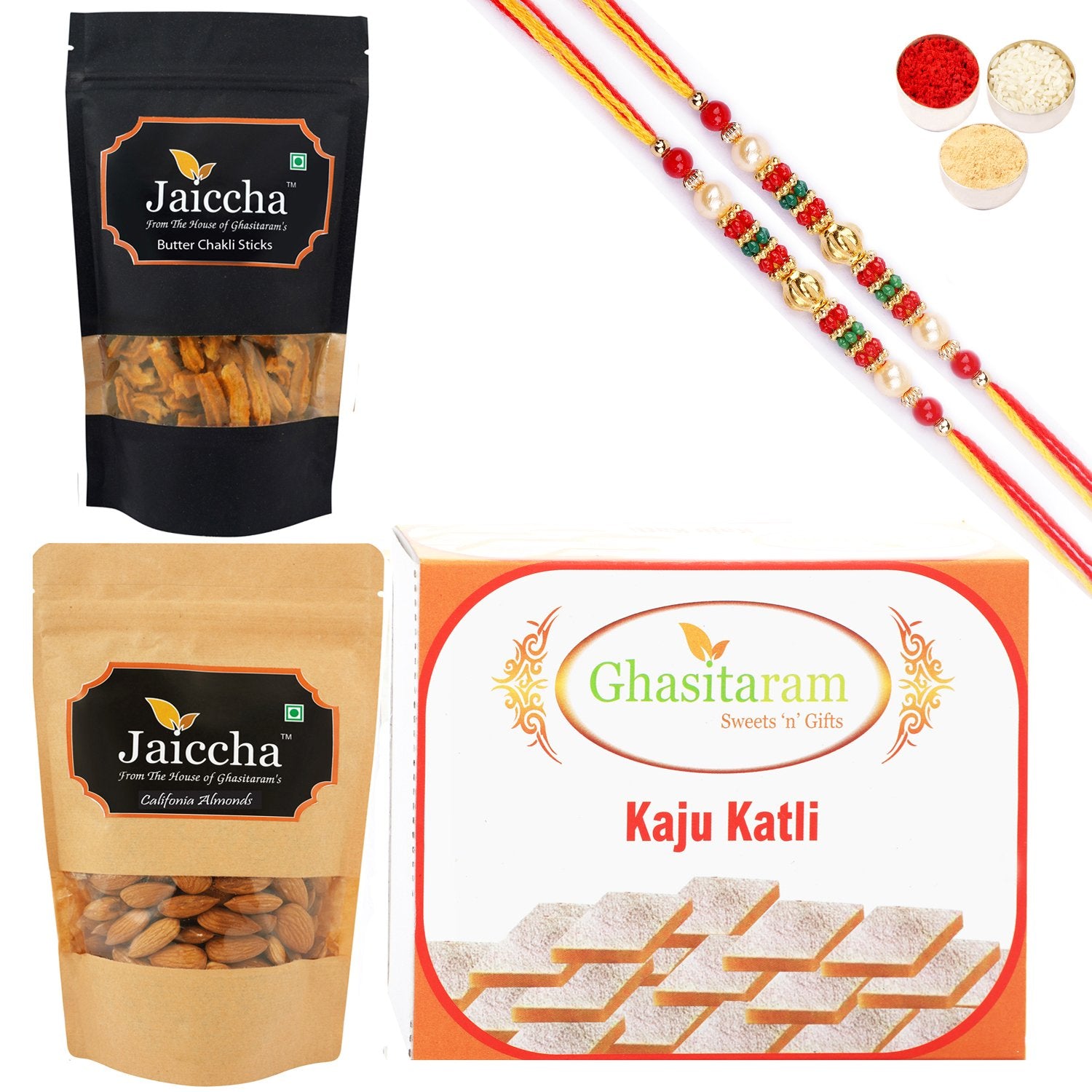 Ghasitaram Kaju Katli, Butter Chakli Sticks and Almonds With 2 Pearl Beads Rakhis - Distacart