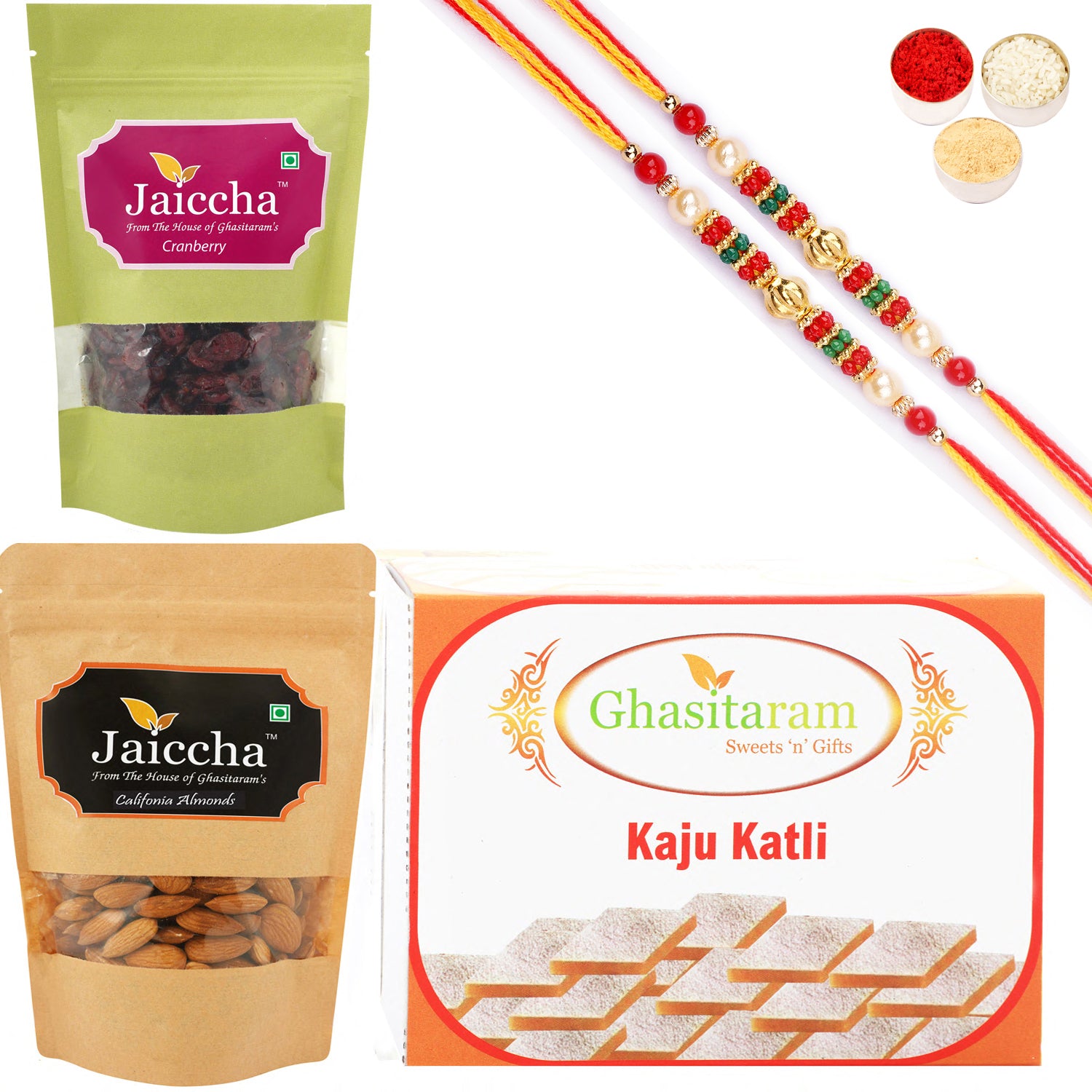 Ghasitaram Kaju Katli ,Cranberry and Almonds Pouch With 2 Pearl Beads Rakhis - Distacart