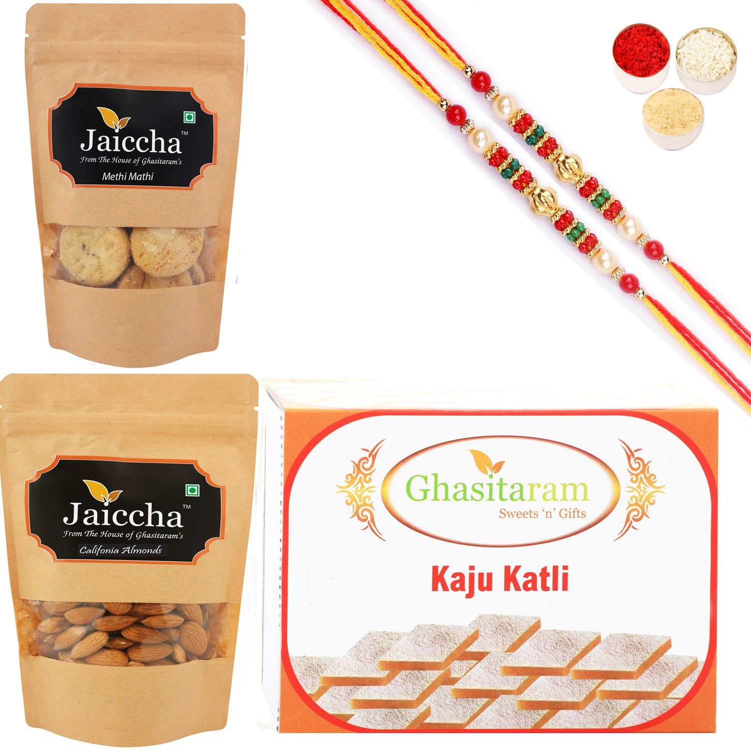 Ghasitaram Kaju Katli, Methi Mathi and Almonds With 2 Pearl Beads Rakhis - Distacart