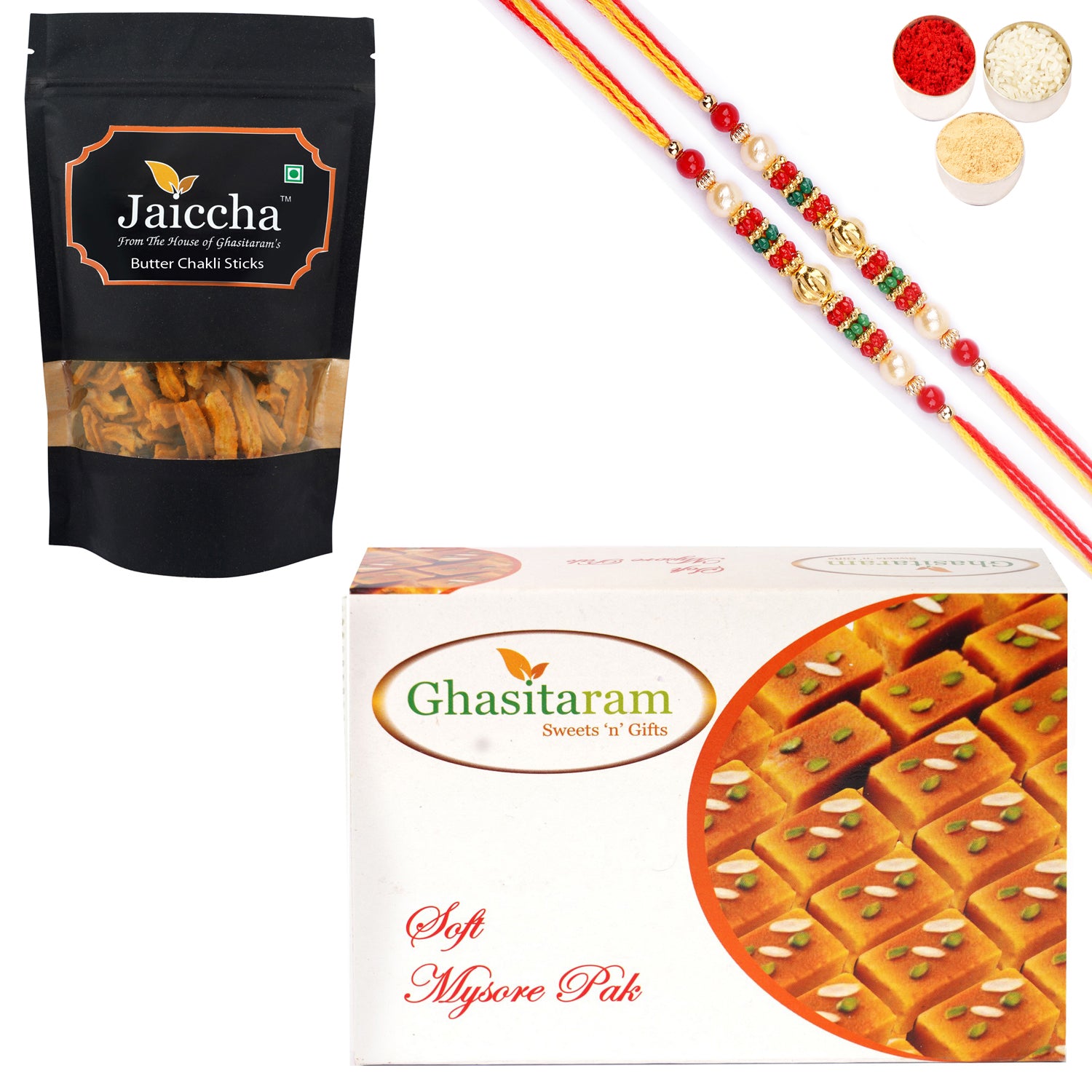 Ghasitaram Mysore Pak and Butter Chakli Sticks With 2 Pearl Beads Rakhis - Distacart