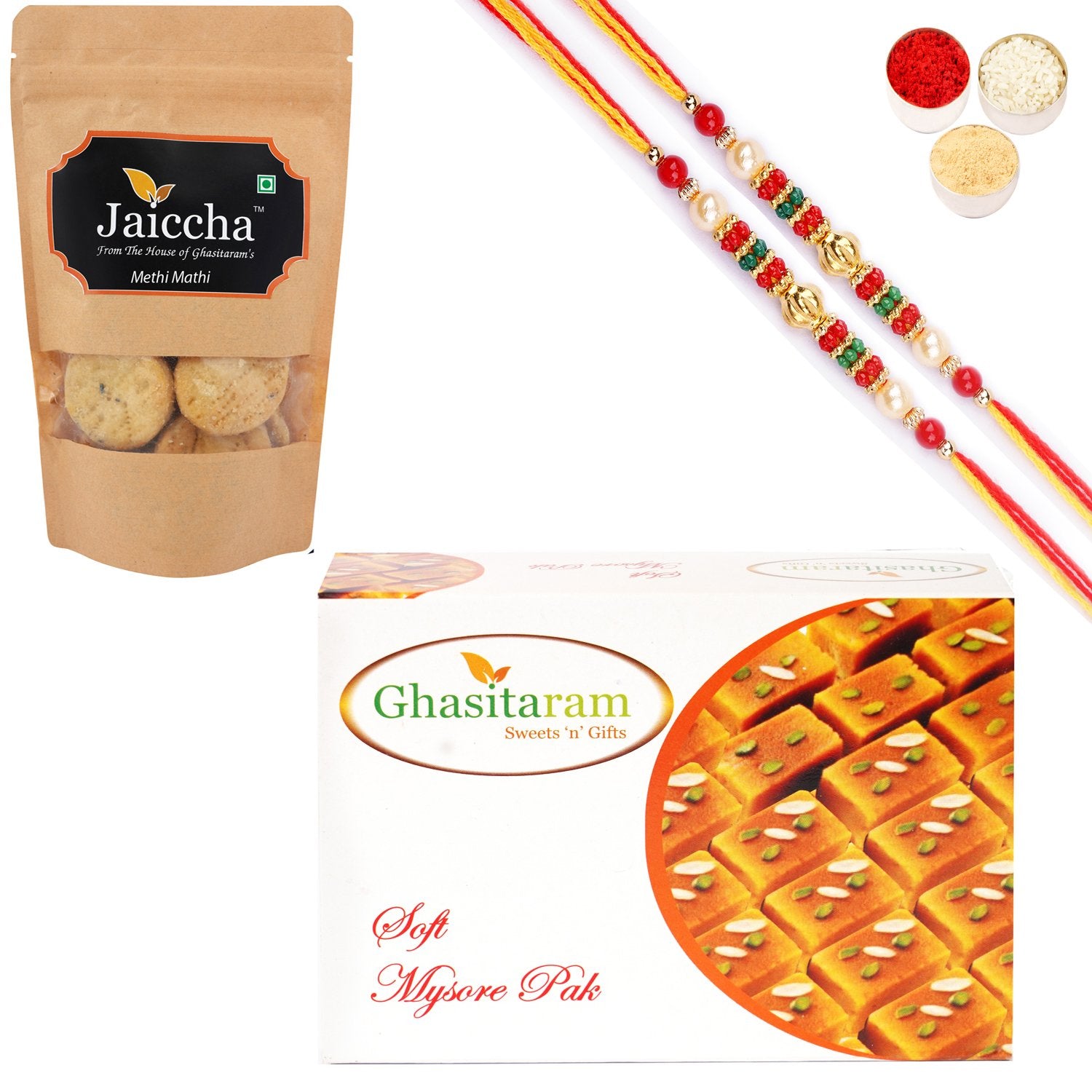 Ghasitaram Mysore Pak and Methi Mathi With 2 Pearl Beads Rakhis - Distacart