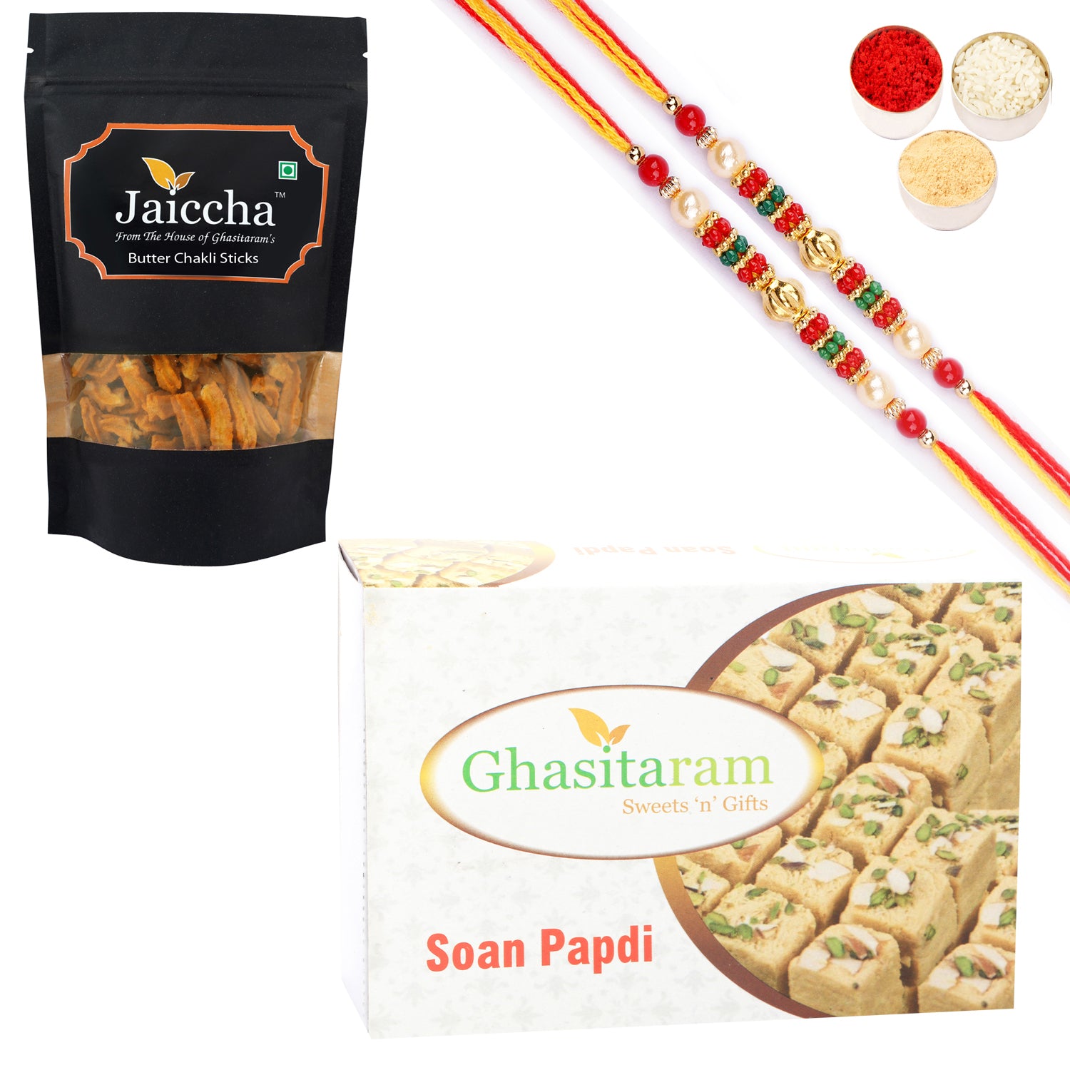 Ghasitaram Soan Papdi and Butter Chakli Sticks With 2 Pearl Beads Rakhis - Distacart