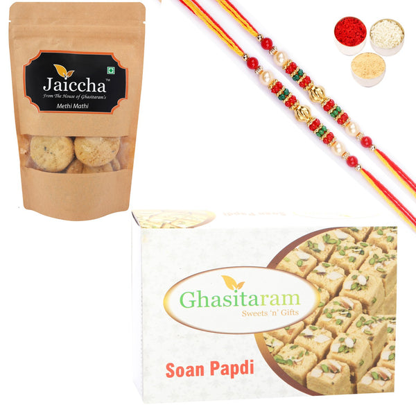 Ghasitaram Soan Papdi and Methi Mathi With 2 Pearl Beads Rakhis - Distacart
