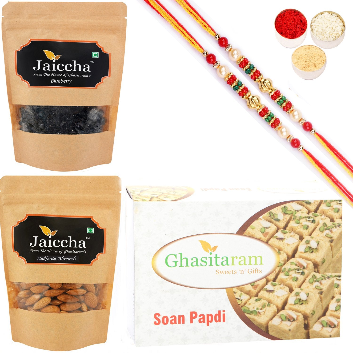 Ghasitaram Soan Papdi ,Blueberry and Almonds Pouch With 2 Pearl Beads Rakhis - Distacart