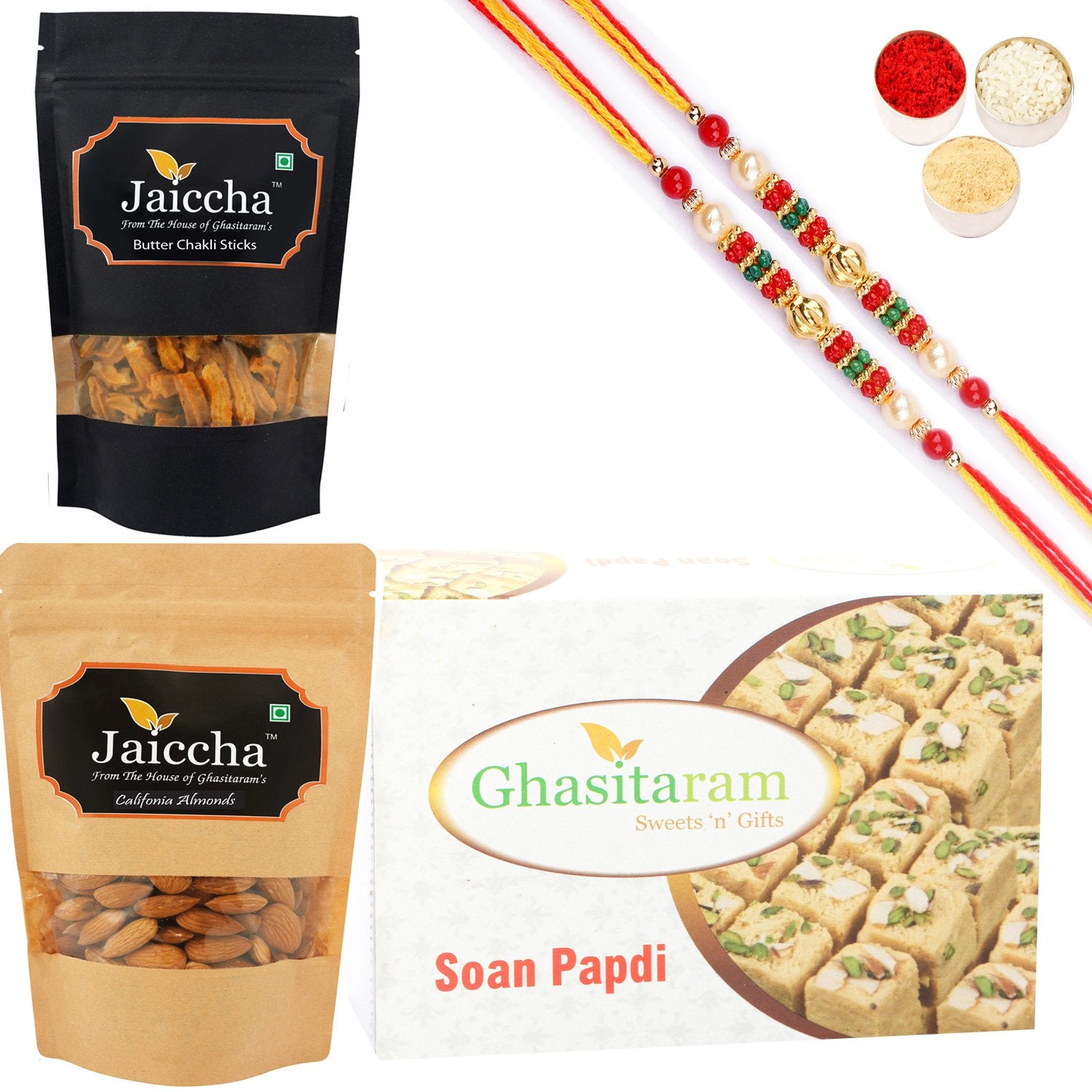 Ghasitaram Soan Papdi, Butter Chakli Sticks and Almonds With 2 Pearl Beads Rakhis - Distacart