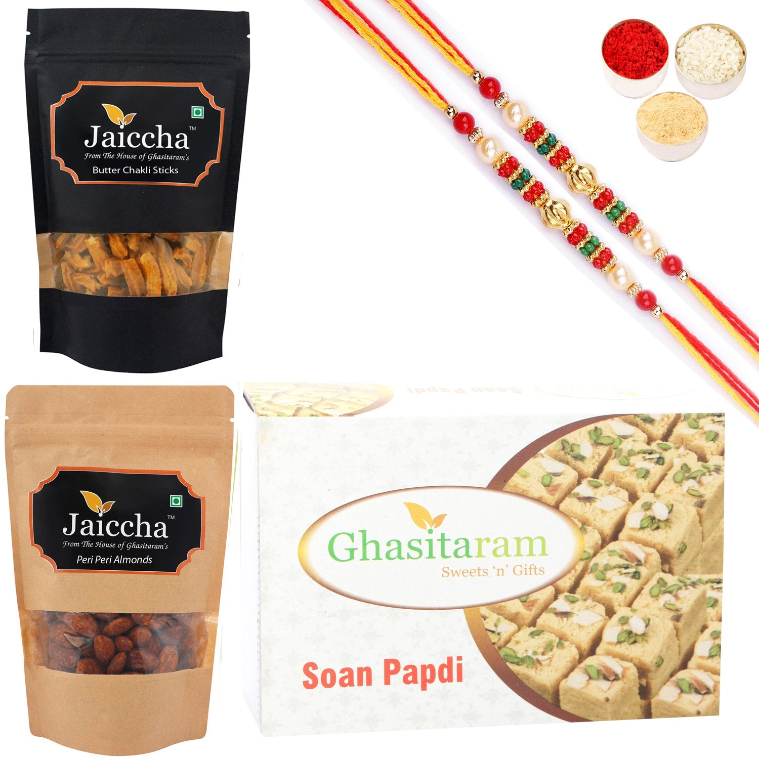 Ghasitaram Soan Papdi, Butter Chakli Sticks and Peri Peri Almonds With 2 Pearl Beads Rakhis - Distacart