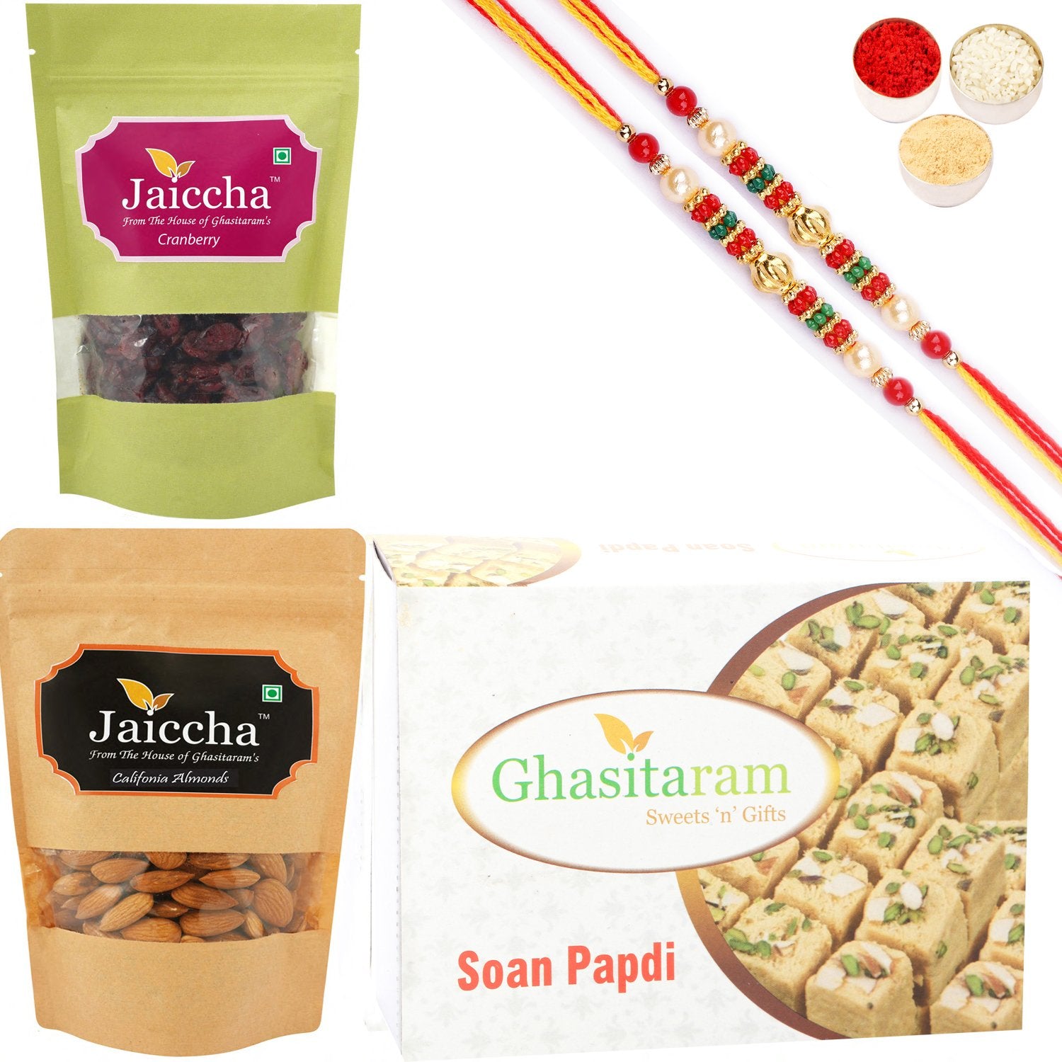 Ghasitaram Soan Papdi ,Cranberry and Almonds Pouch With 2 Pearl Beads Rakhis - Distacart