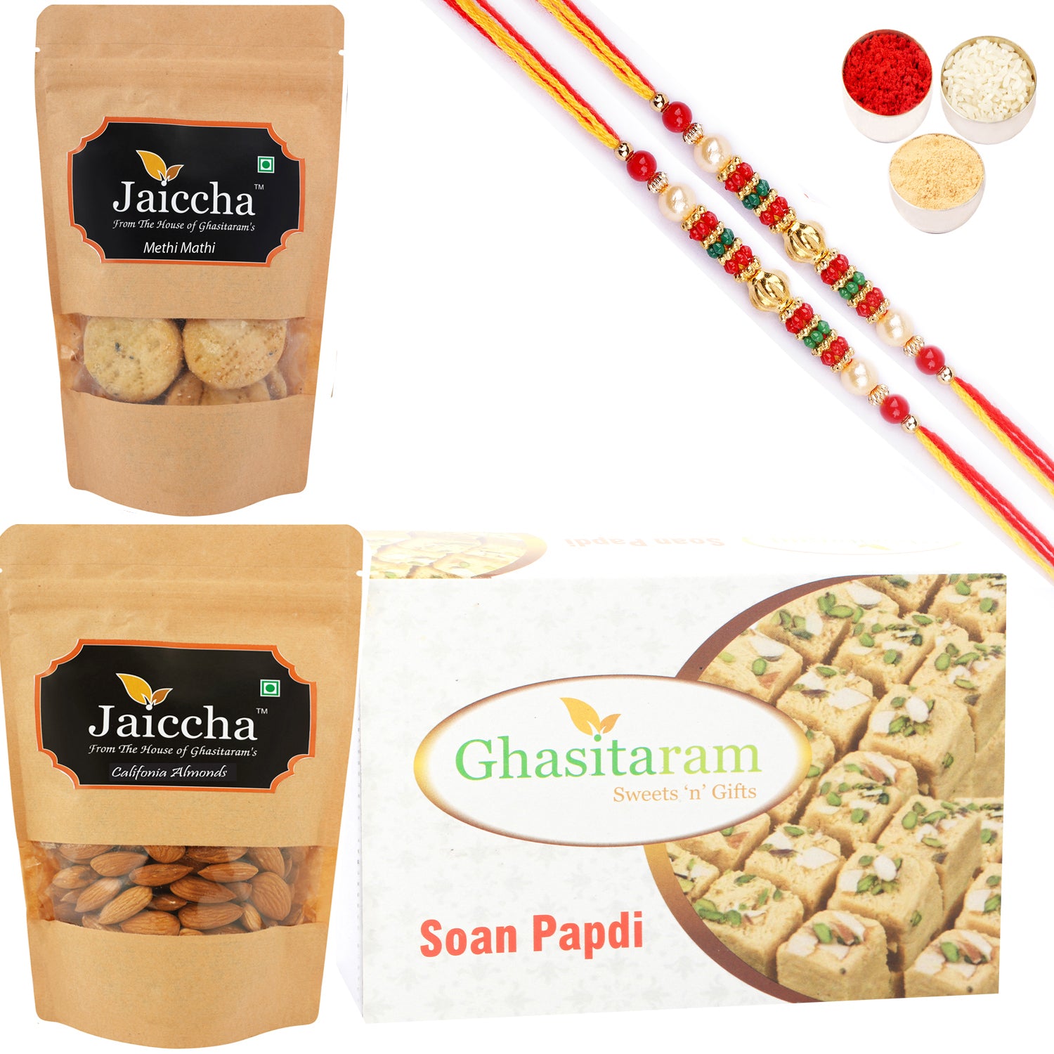 Ghasitaram Soan Papdi, Methi Mathi and Almonds With 2 Pearl Beads Rakhis - Distacart
