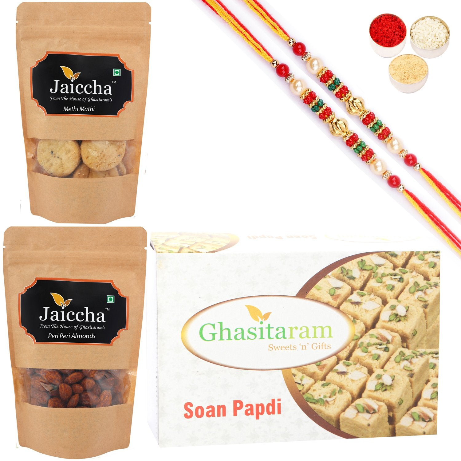 Ghasitaram Soan Papdi, Methi Mathi and Peri Peri Almonds With 2 Pearl Beads Rakhis - Distacart