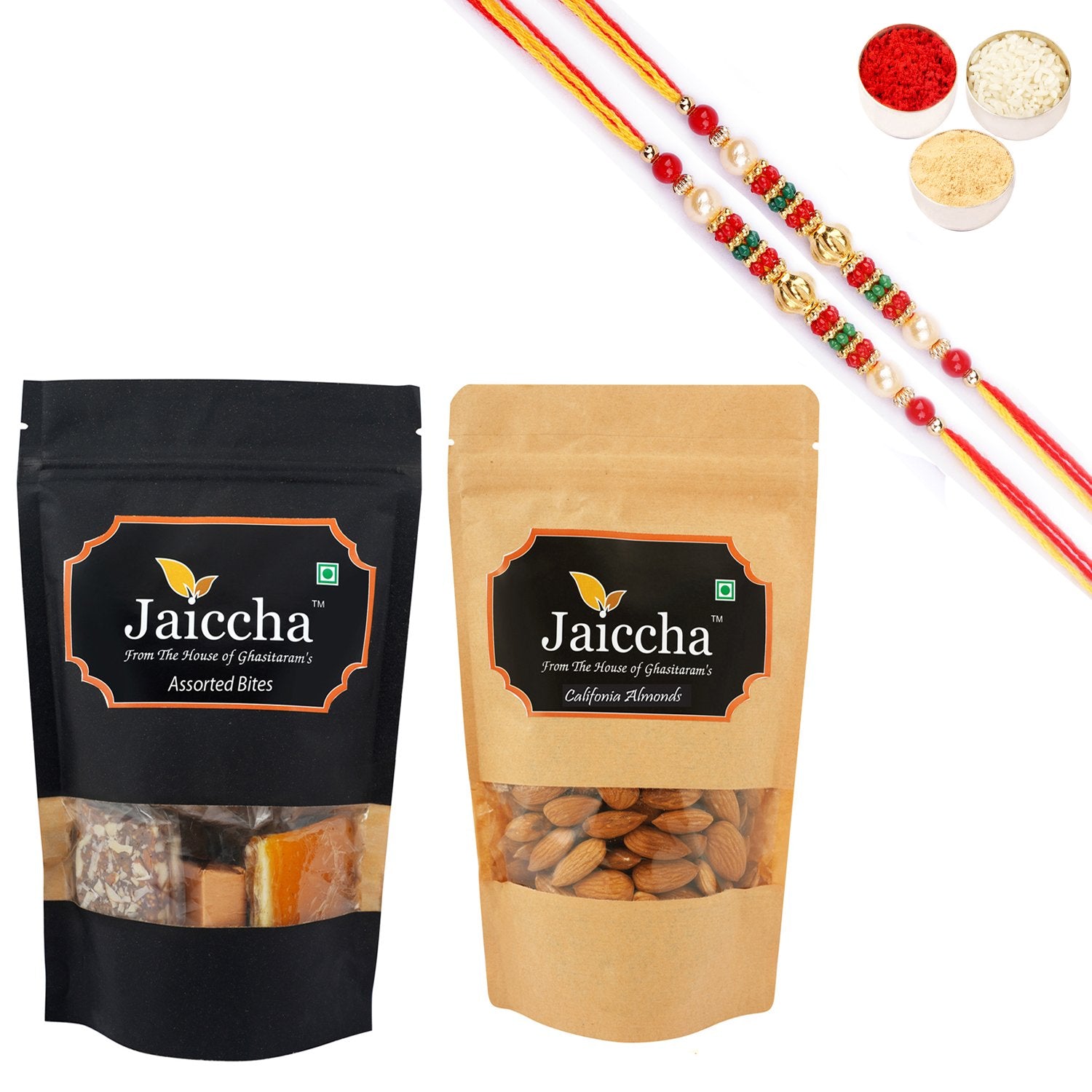 Ghasitaram Assorted Bites, Almonds With 2 Pearl Beads Rakhis - Distacart
