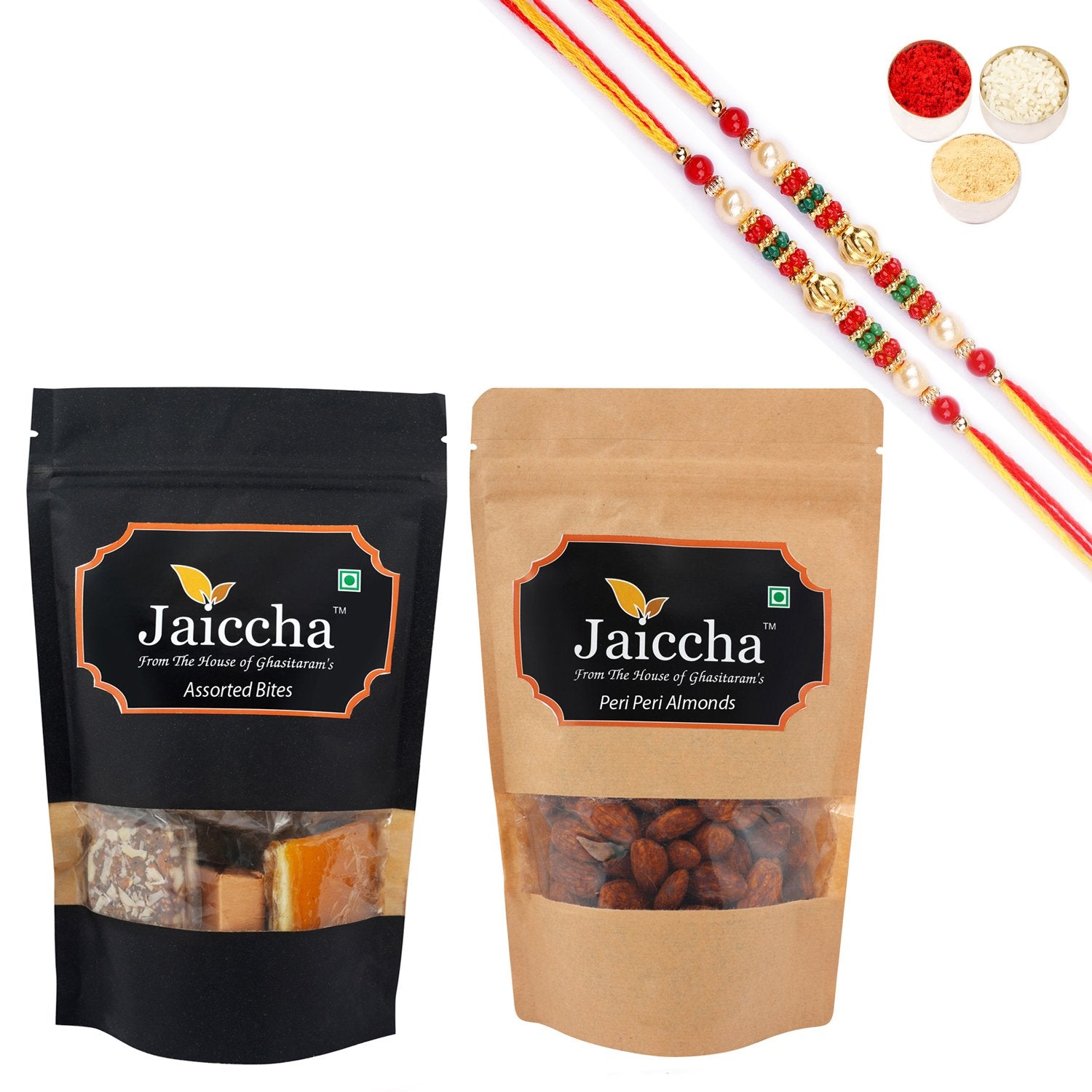 Ghasitaram Assorted Bites, Peri Peri Almonds With 2 Pearl Beads Rakhis - Distacart
