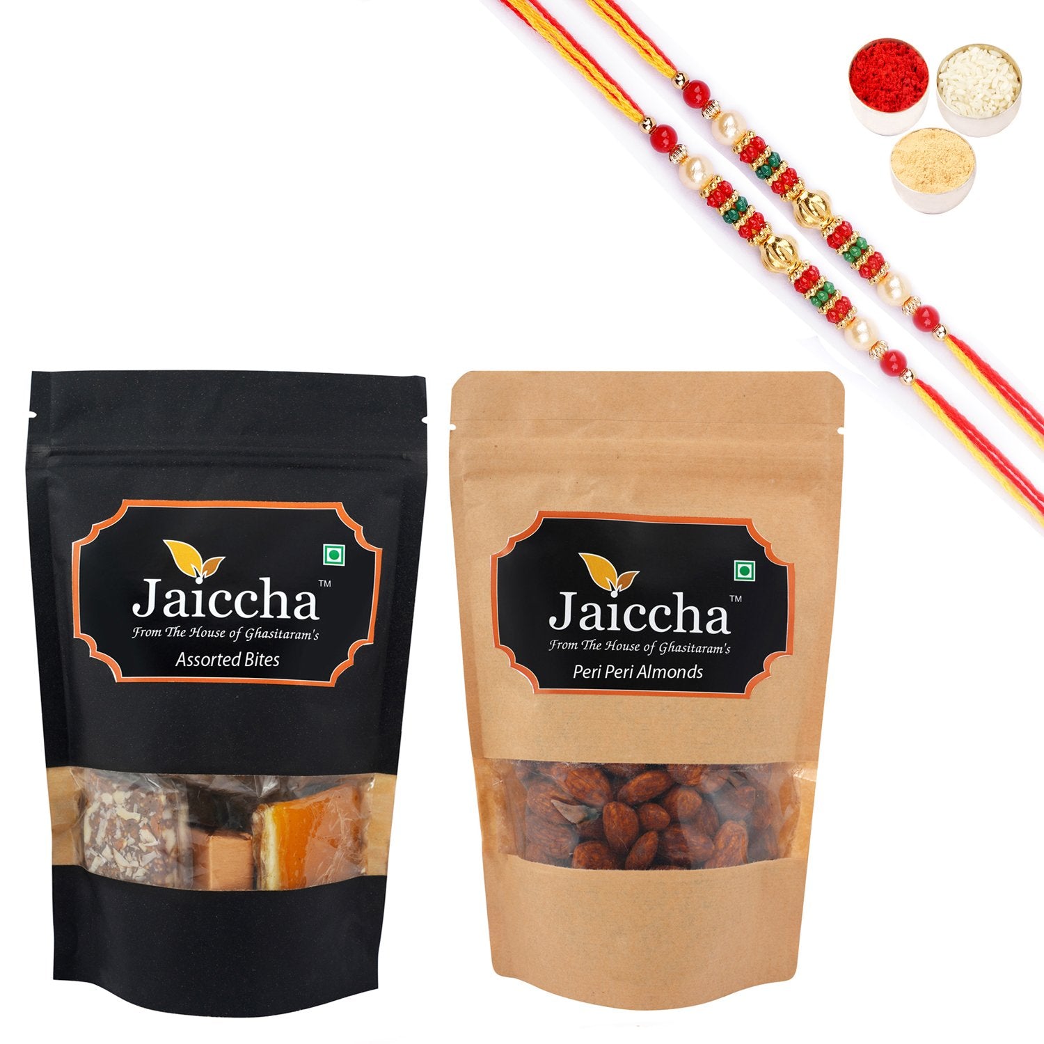 Ghasitaram Assorted Bites, Peri Peri Almonds With 2 Pearl Beads Rakhis - Distacart