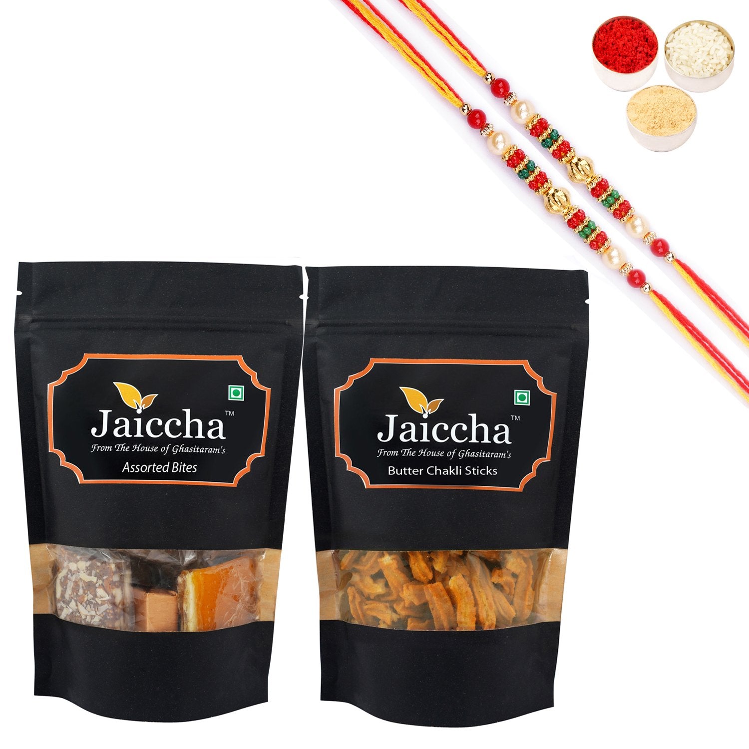 Ghasitaram Assorted Bites and Butter Chakli Sticks With 2 Pearl Beads Rakhis - Distacart