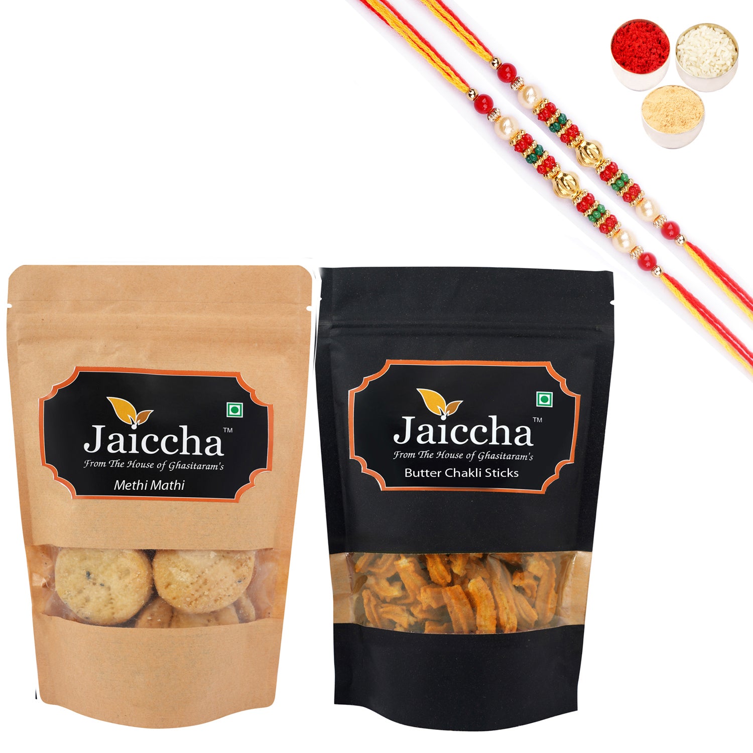 Ghasitaram Jaiccha Assorted Bites and Methi Mathi With 2 Pearl Beads Rakhis - Distacart