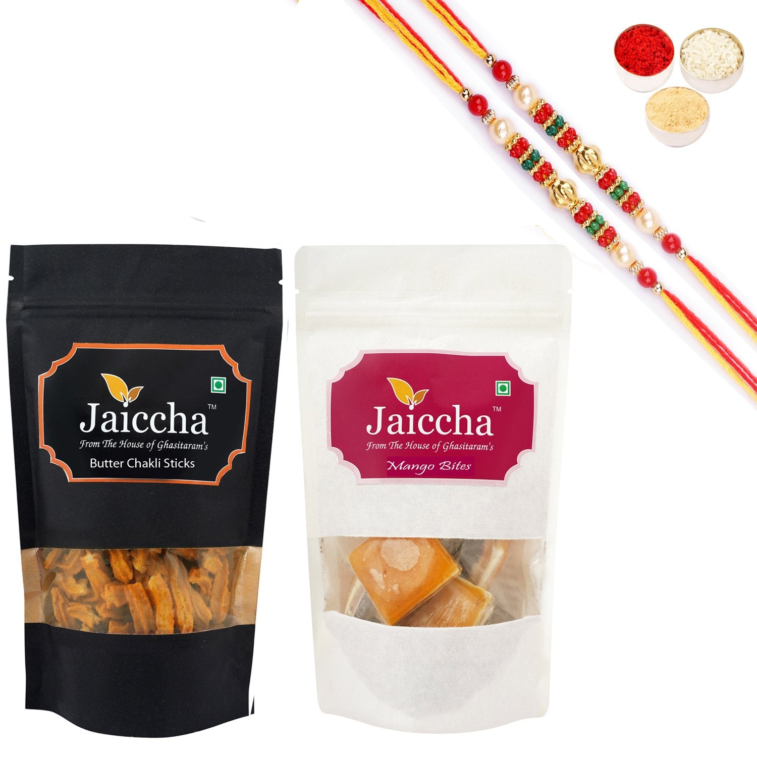 Ghasitaram Mango Bites and Butter Chakli Sticks With 2 Pearl Beads Rakhis - Distacart