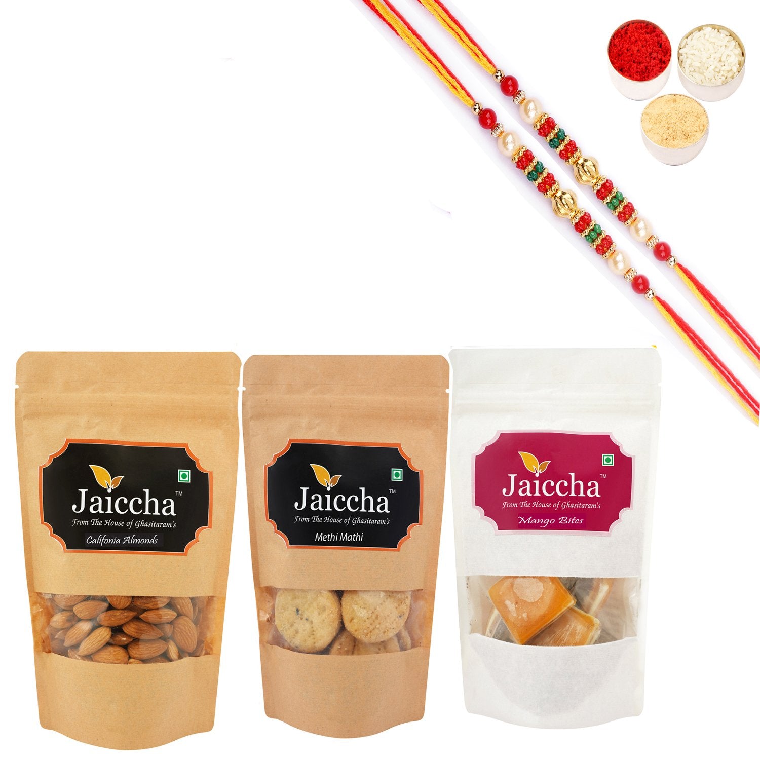 Ghasitaram jaiccha Mango Bites, Methi Mathi and Almonds With 2 Pearl Beads Rakhis - Distacart