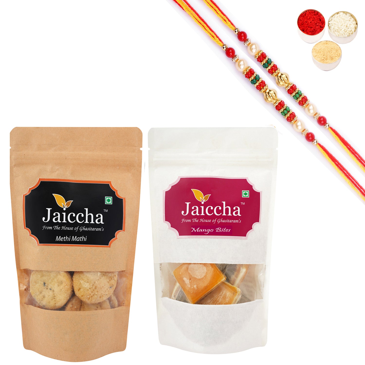Ghasitaram Jaiccha Mango Bites and Methi Mathi With 2 Pearl Beads Rakhis - Distacart