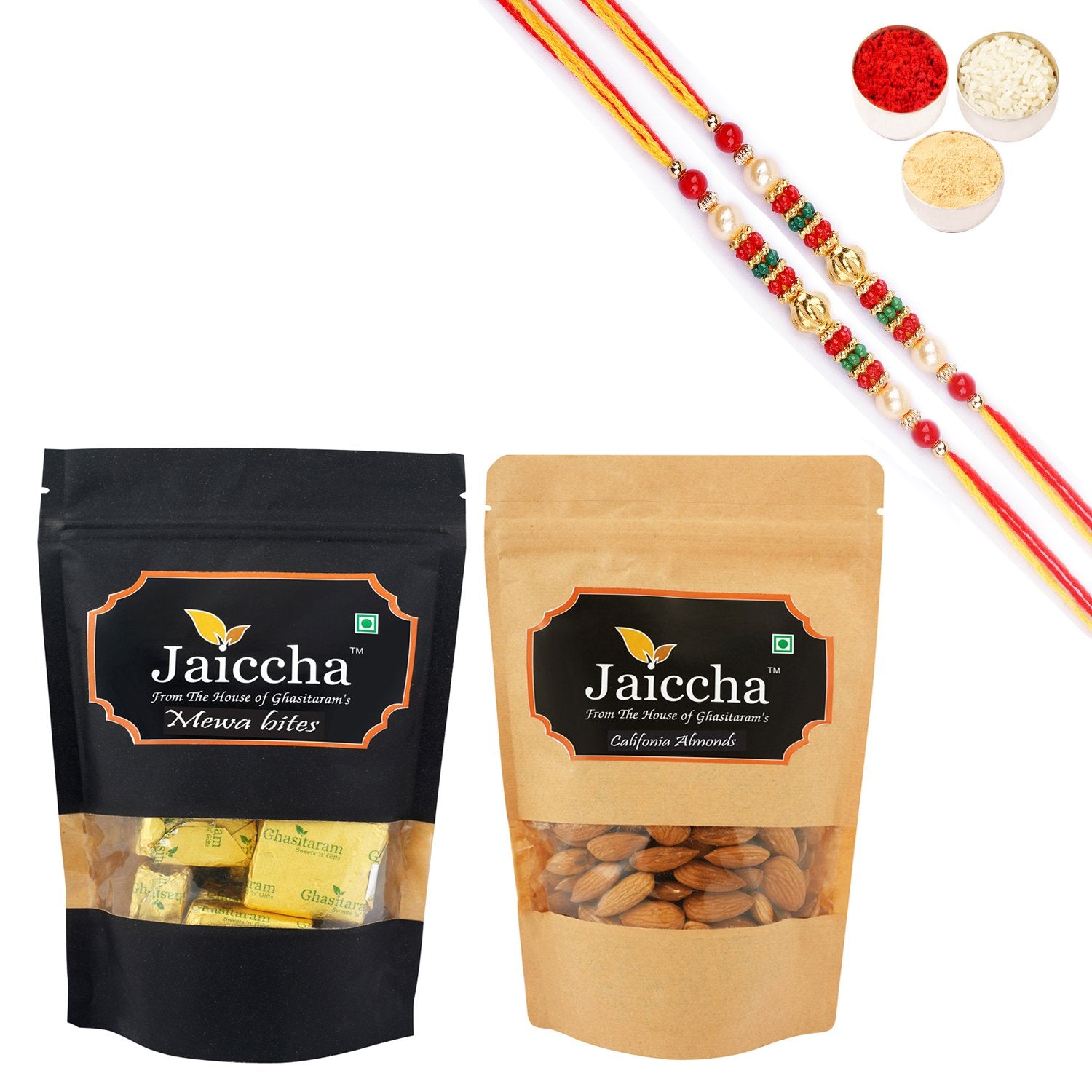 Ghasitaram Mewa Bites, Almonds With 2 Pearl Beads Rakhis - Distacart