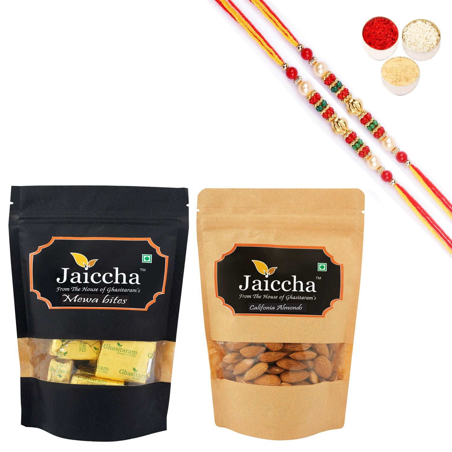 Ghasitaram Mewa Bites, Almonds With 2 Pearl Beads Rakhis - Distacart