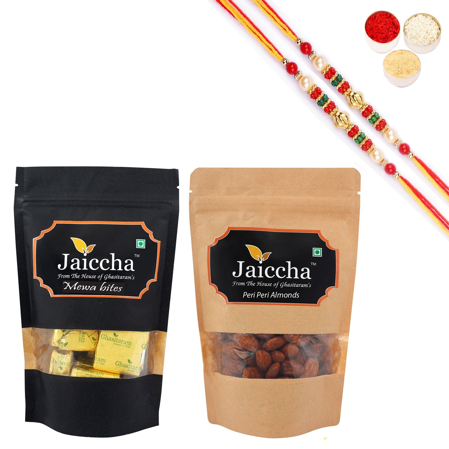 Ghasitaram Mewa Bites, Peri Peri Almonds With 2 Pearl Beads Rakhis - Distacart