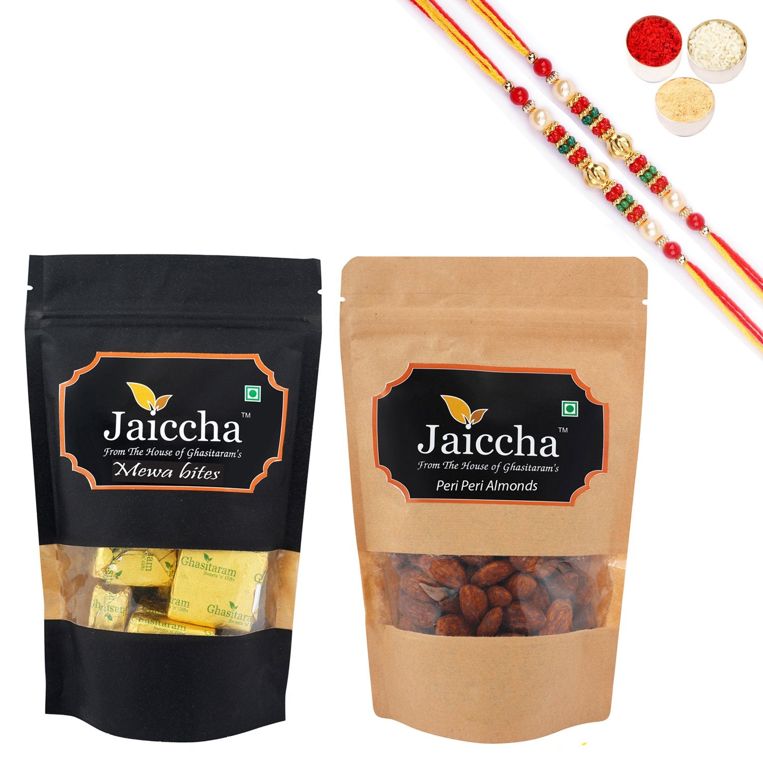 Ghasitaram Mewa Bites, Peri Peri Almonds With 2 Pearl Beads Rakhis - Distacart