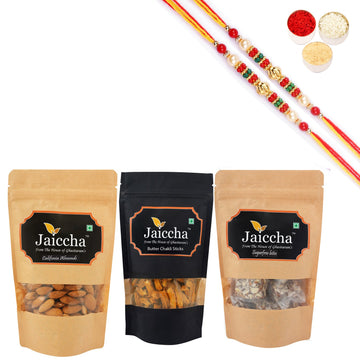 Ghasitaram Jaiccha Suagrfree Bites, Butter Chakli Sticks and Almonds With 2 Pearl Beads Rakhis - Distacart