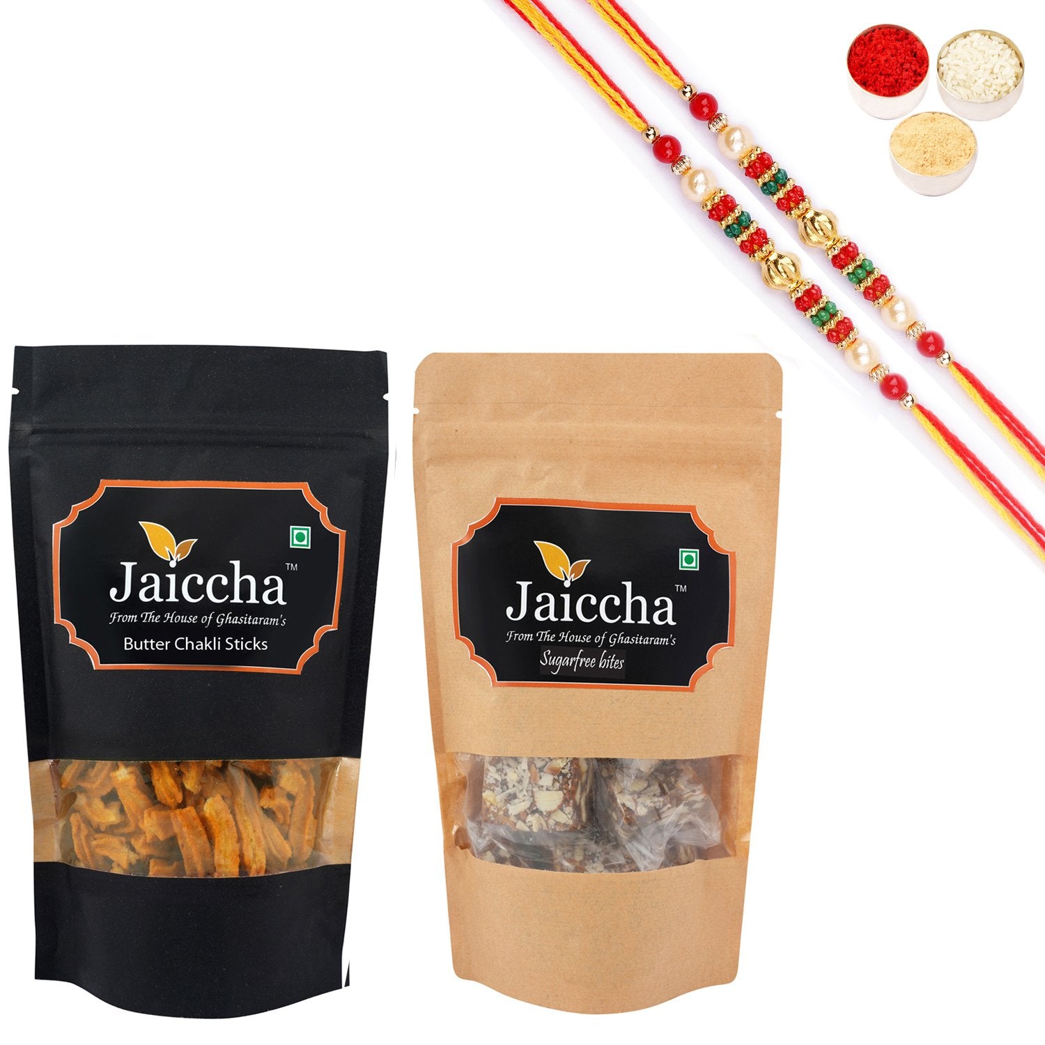 Ghasitaram Suagrfree Bites and Butter Chakli Sticks With 2 Pearl Beads Rakhis - Distacart