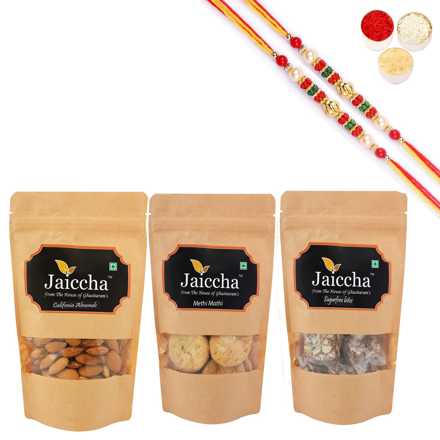 Ghasitaram Jaiccha Suagrfree Bites, Methi Mathi and Almonds With 2 Pearl Beads Rakhis - Distacart