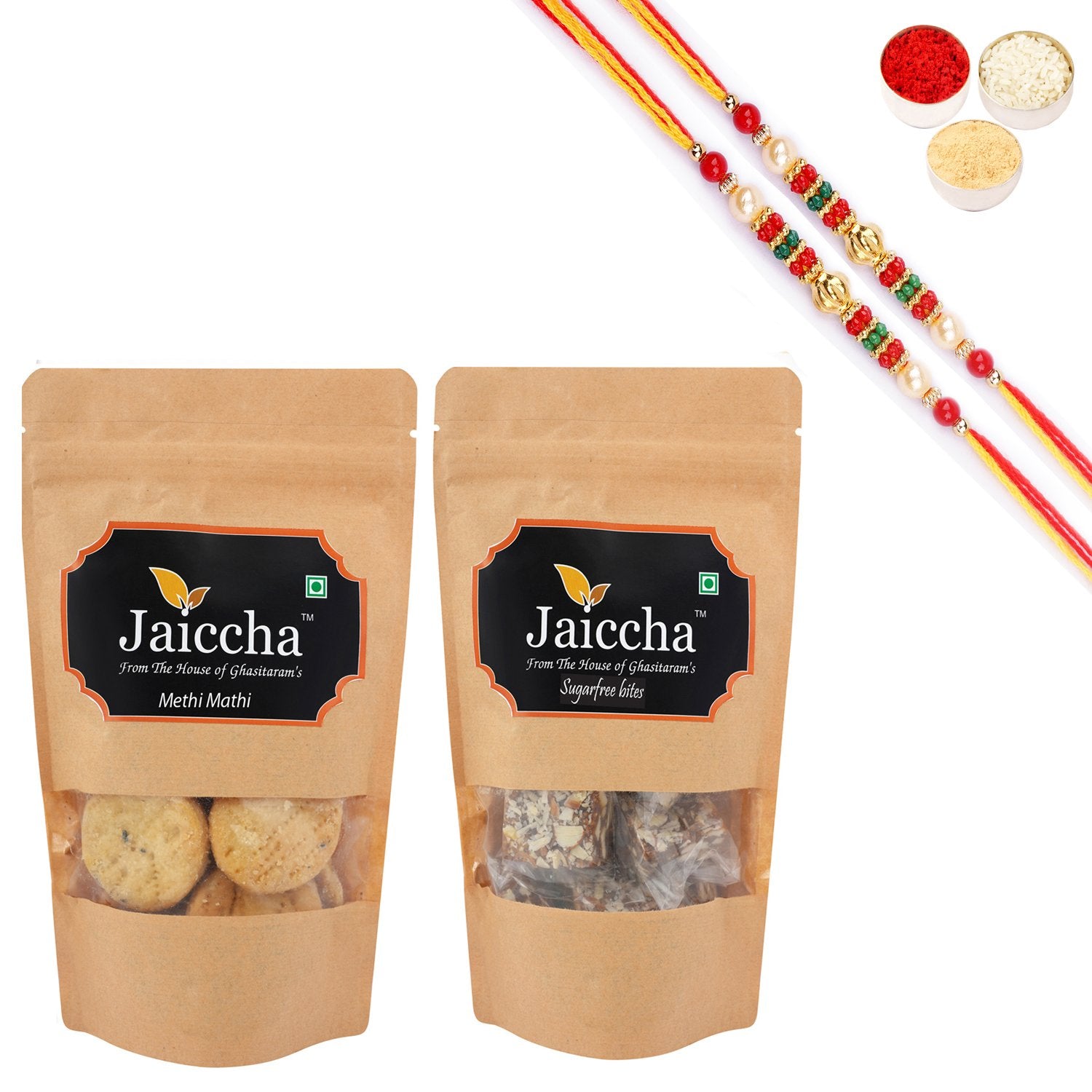 Ghasitaram Suagrfree Bites and Methi Mathi With 2 Pearl Beads Rakhis - Distacart
