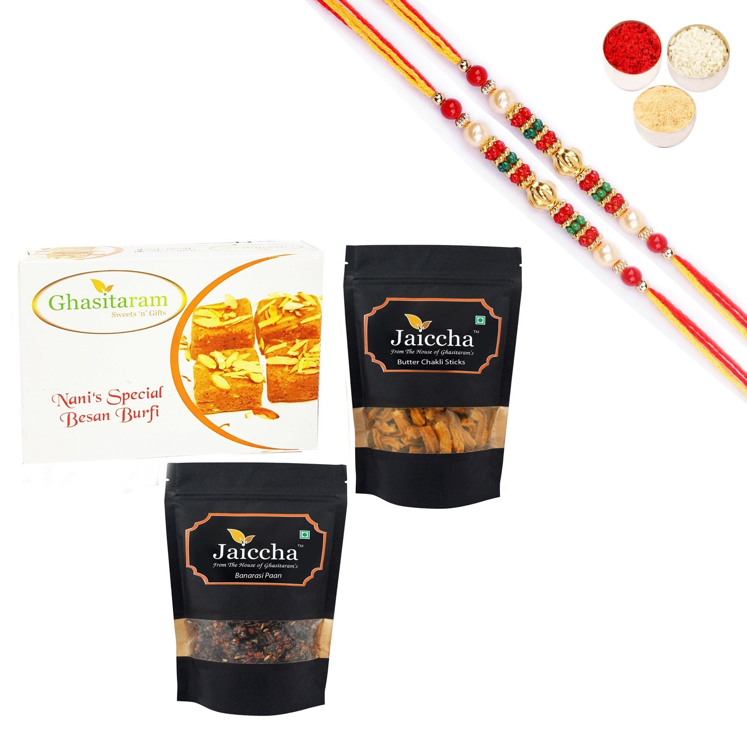 Ghasitaram Besan Barfi, Butter Chakli Sticks and Banarsi Paan With Pearl Beads Rakhi - Distacart