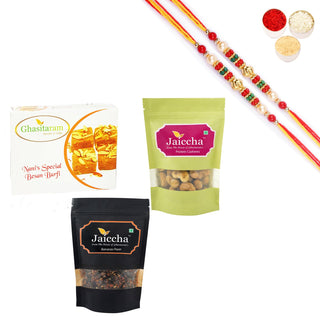 Ghasitaram Besan Barfi, Protein Cashews and Banarsi Paan With Pearl Beads Rakhi - Distacart