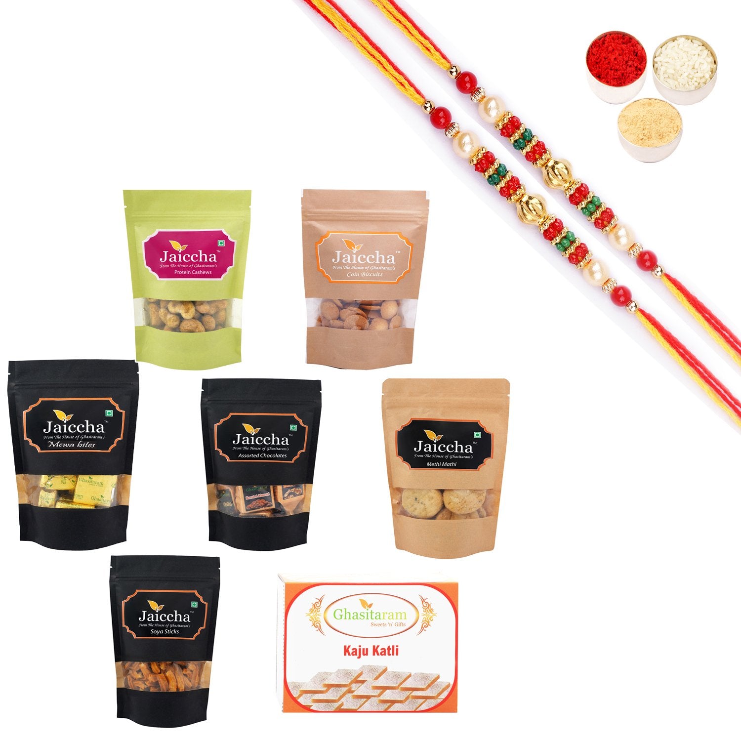 Ghasitaram Best of 7 Sweets and Snacks Combo with Pearl Beads Rakhi - Distacart