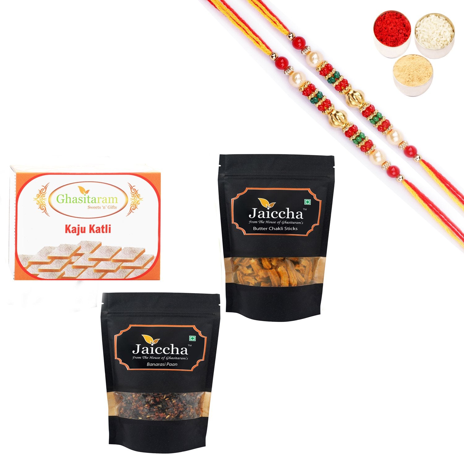 Ghasitaram Kaju Katlis, Butter Chakli Sticks and Banarsi Paan With Pearl Beads Rakhi - Distacart
