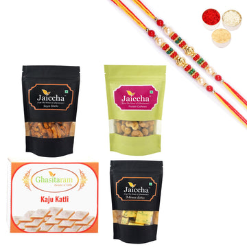 Ghasitaram Kaju Katli, Mewa Bites Pouch, Soya Sticks Pouch and Protein Cashews Pouch With Pearl Beads Rakhi - Distacart