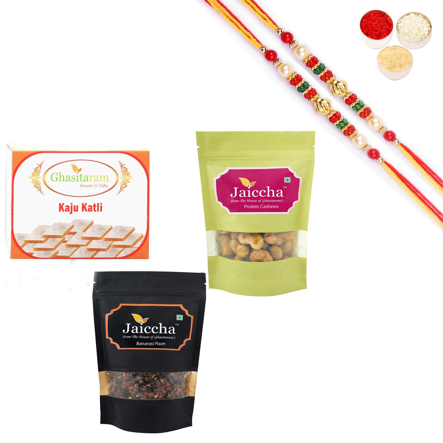Ghasitaram Kaju Katlis, Protein Cashews and Banarsi Paan With Pearl Beads Rakhi - Distacart
