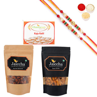 Ghasitaram Kaju Katli, Soya Sticks Pouch and Peri Peri Almonds Pouch With Pearl Beads Rakhi - Distacart