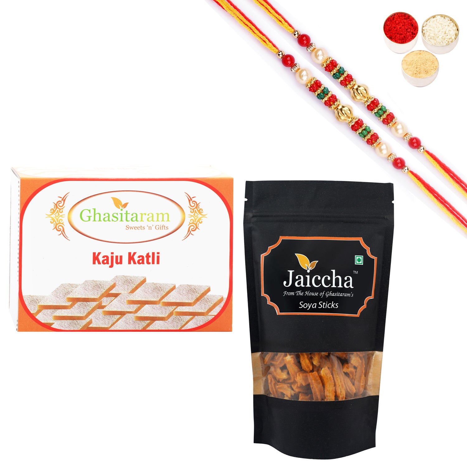 Ghasitaram Kaju Katli and Soya Sticks Pouch With Pearl Beads Rakhi - Distacart