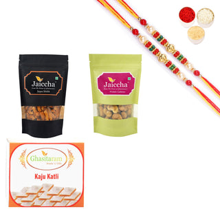 Ghasitaram Kaju Katli, Soya Sticks Pouch and Protein Cashews Pouch With Pearl Beads Rakhi - Distacart