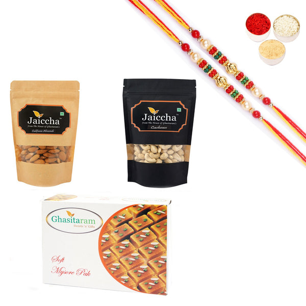 Ghasitaram Almonds, Cashews and Mysore Pak With Pearl Beads Rakhi - Distacart