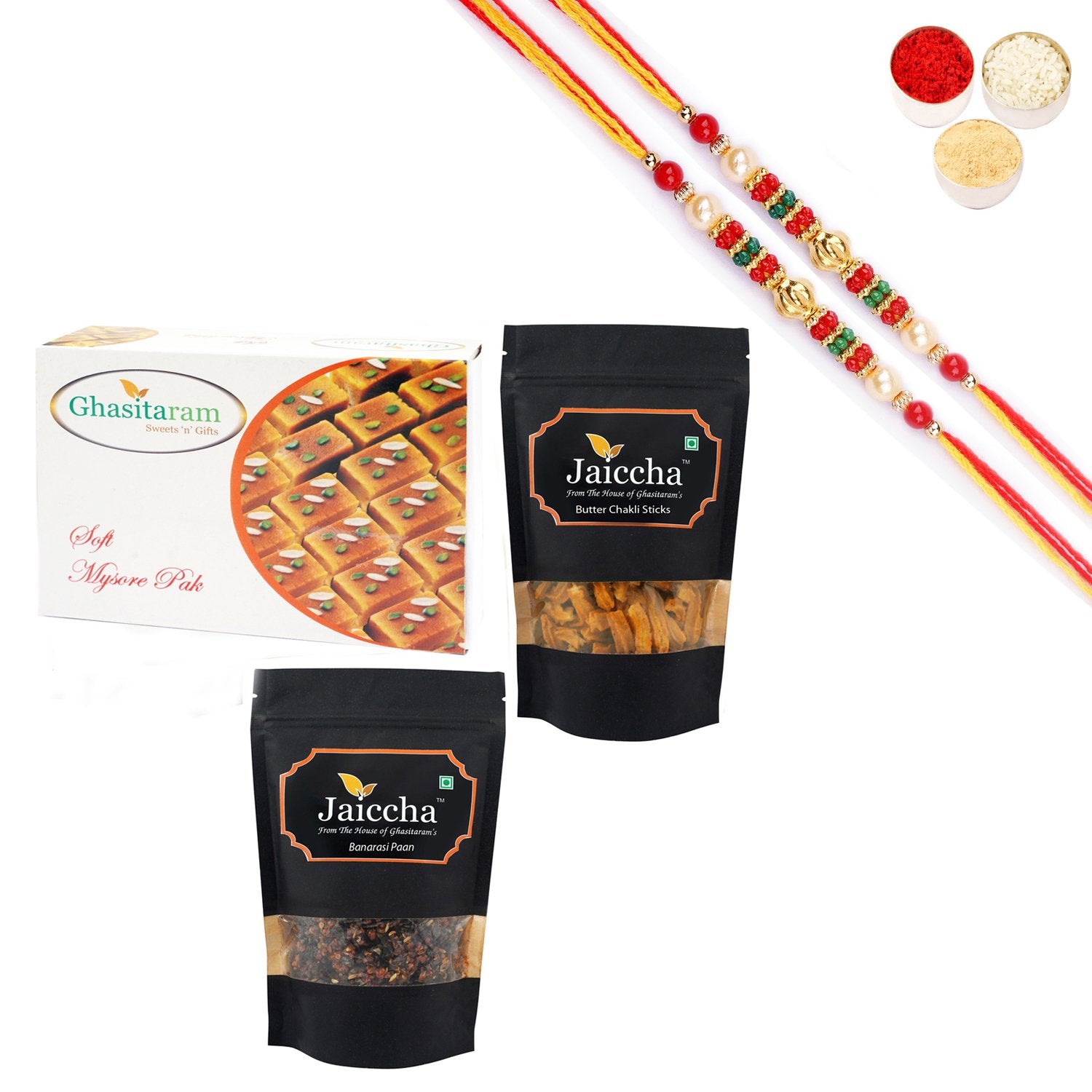 Ghasitaram Mysore Pak, Butter Chakli Sticks and Banarsi Paan With Pearl Beads Rakhi - Distacart