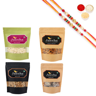 Ghasitaram Healthy Hamper Sugarfree Anjeer Bites; Wheat puffs, Diet Chiwda and Almonds With Pearl Beads Rakhi - Distacart