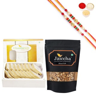 Ghasitaram Sugarfree Kaju Katli and Wheat Puffs With Pearl Beads Rakhi - Distacart