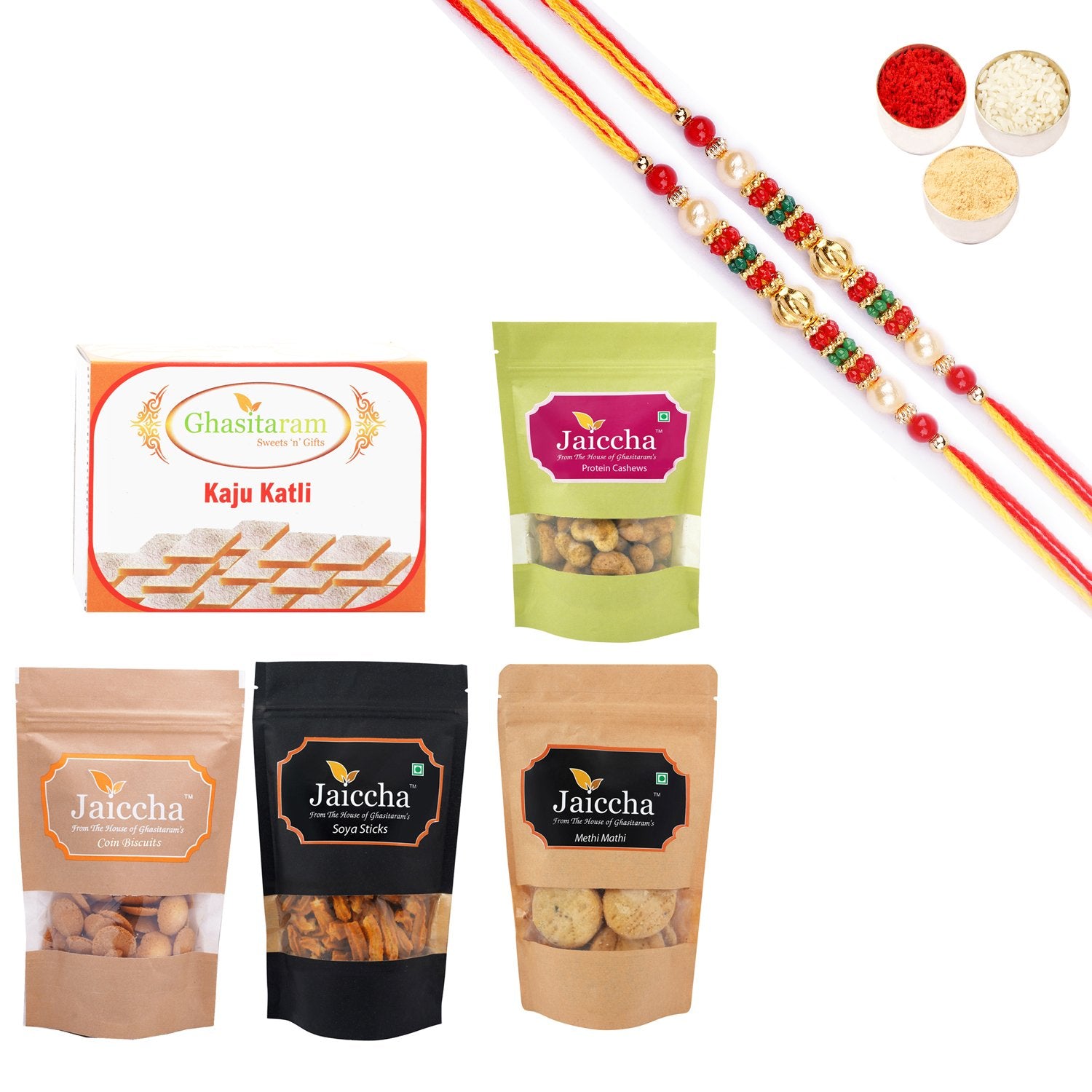 Ghasitaram Best of 5 Sweets and Snacks Combo with Pearl Beads Rakhi - Distacart